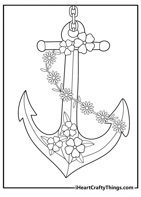 Anchor with floral design decorative coloring sheet