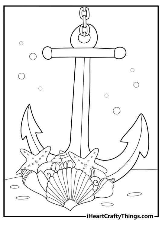 Anchor with seashells and starfish ocean theme coloring sheet