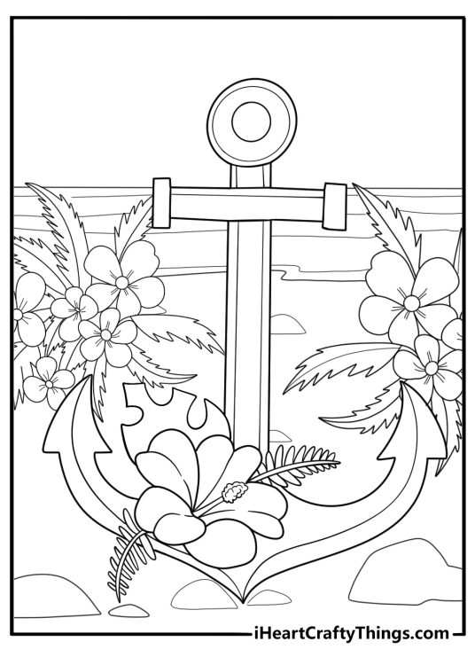 Anchor with tropical flowers island theme coloring sheet