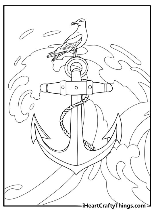 Anchor with waves and seagulls nautical coloring sheet