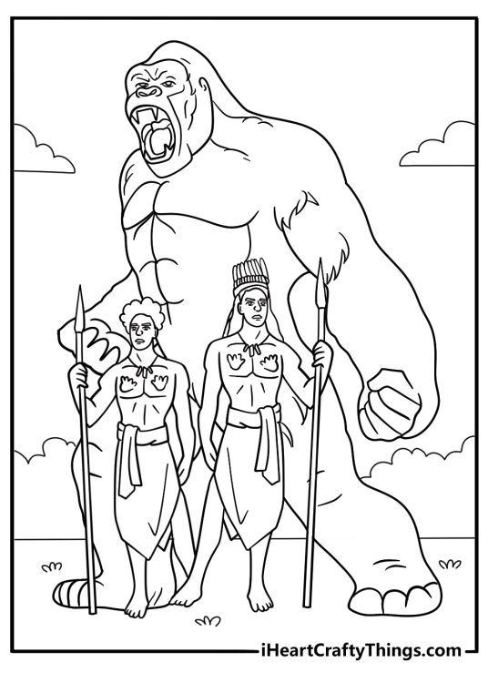 ancient king kong with tribal warriors coloring sheet