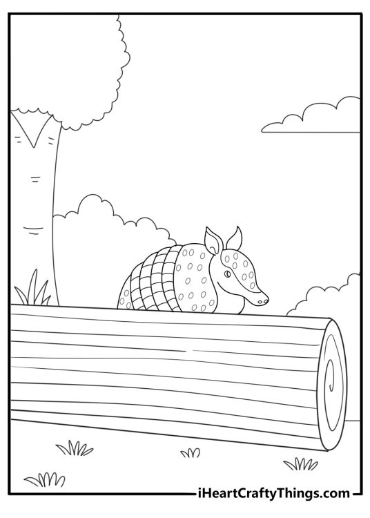 Armadillo hiding behind a log in the woods coloring page