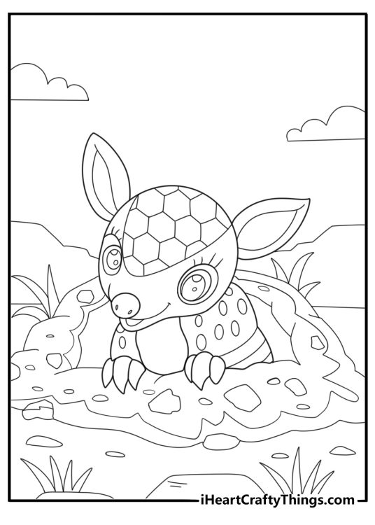 Armadillo looking out from a burrow simple coloring sheet