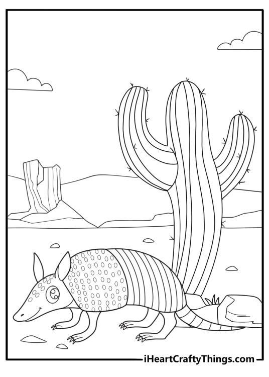 Armadillo near cactus plants desert scene coloring page