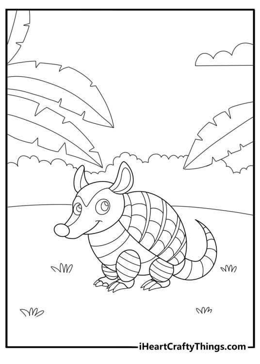 Armadillo resting under a bush coloring sheet for kids