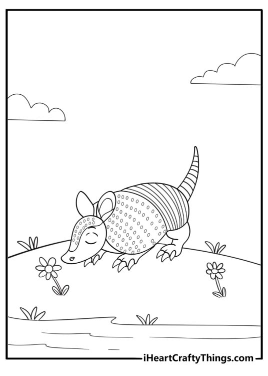 Armadillo sniffing the ground kawaii style coloring sheet