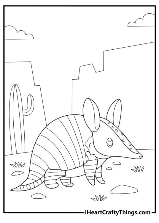Armadillo walking on desert ground simple coloring page