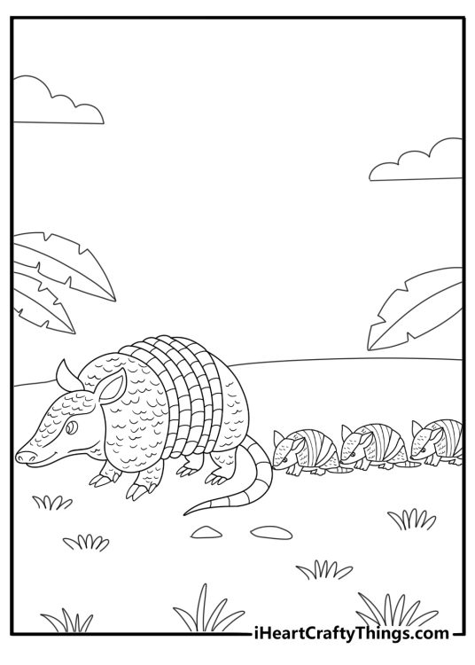 Armadillo with baby walking behind coloring page