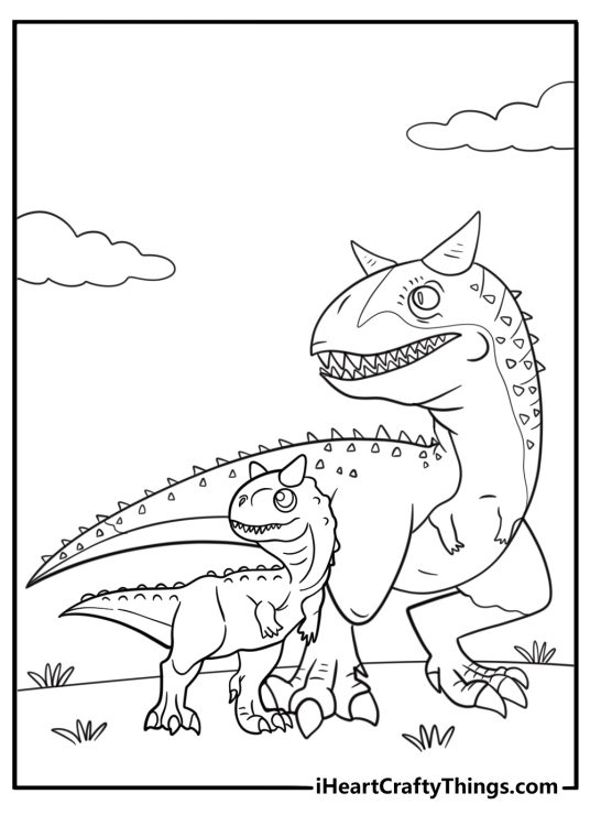 Baby carnotaurus walking next to adult dinosaur coloring sheet