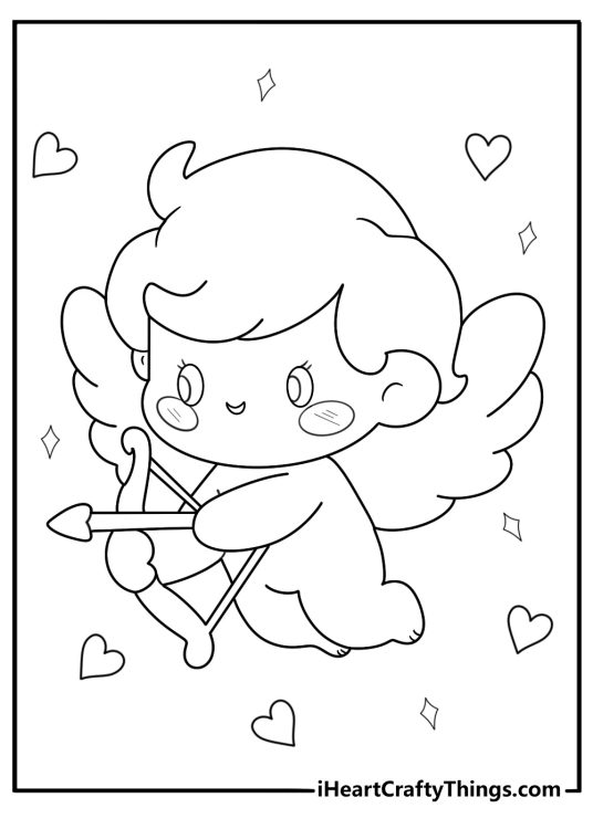 Baby cupid with heart shaped bow kawaii coloring sheet