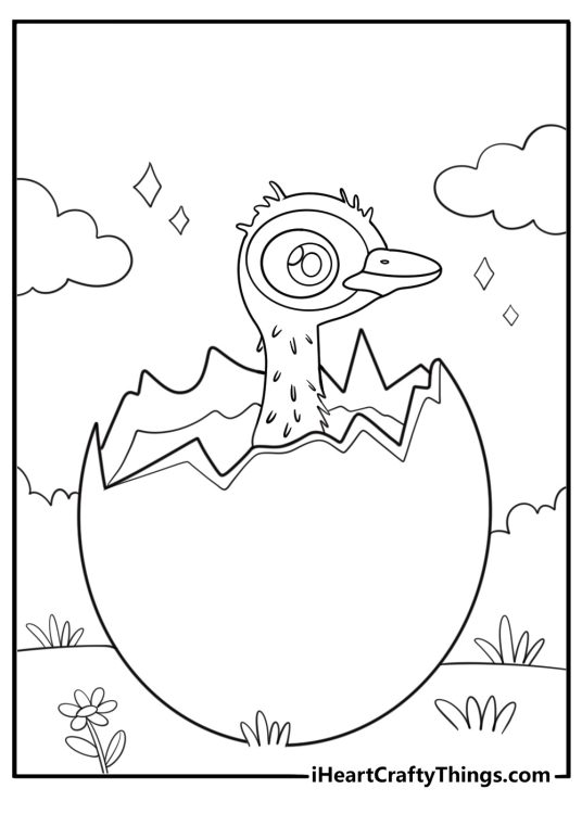 Baby ostrich hatching from egg kawaii style coloring page