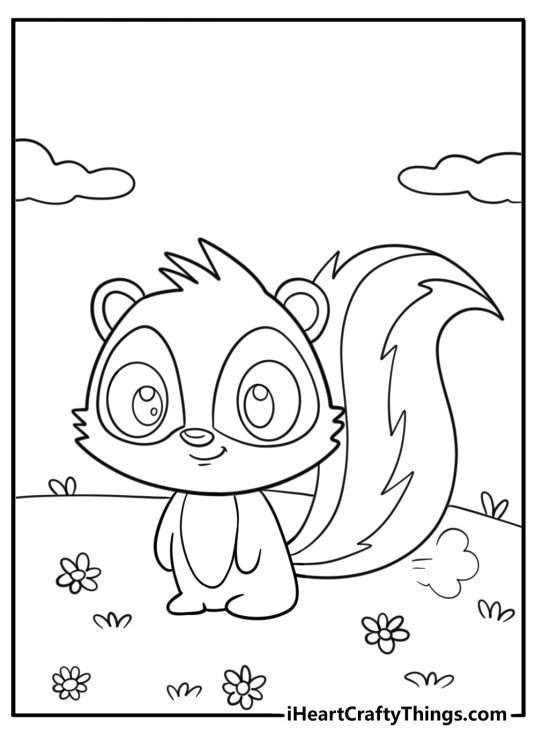 Baby skunk learning to spray simple coloring page