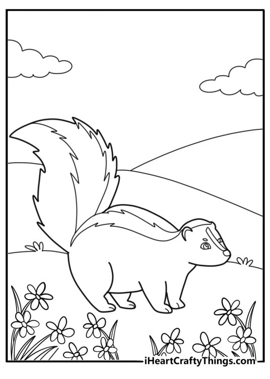 Baby skunk next to a flower kawaii style coloring page