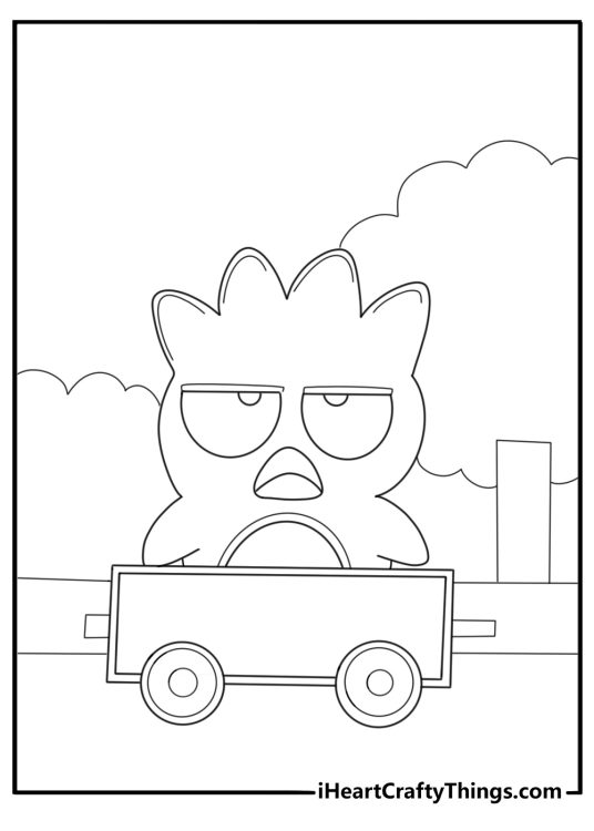 Badtz maru driving a small car kawaii style coloring sheet
