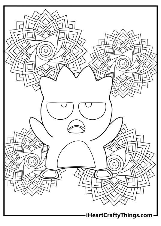 Badtz maru surrounded by retro tech mandala style coloring page for adults