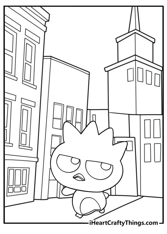 Badtz maru walking in the city with buildings in background simple coloring page