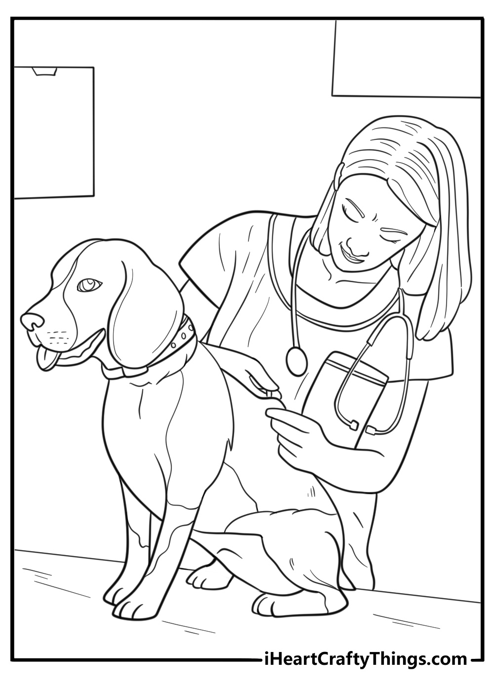 beagle at the vet checkup simple coloring sheet for kids