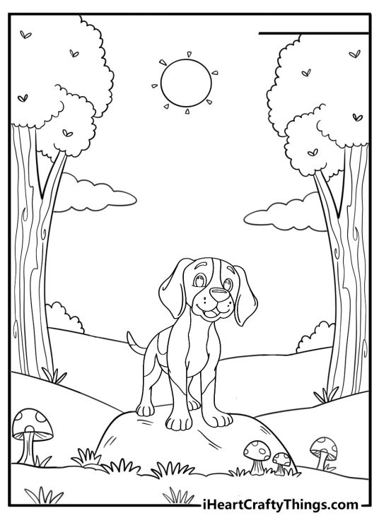 Beagle exploring a forest trail detailed scene coloring page