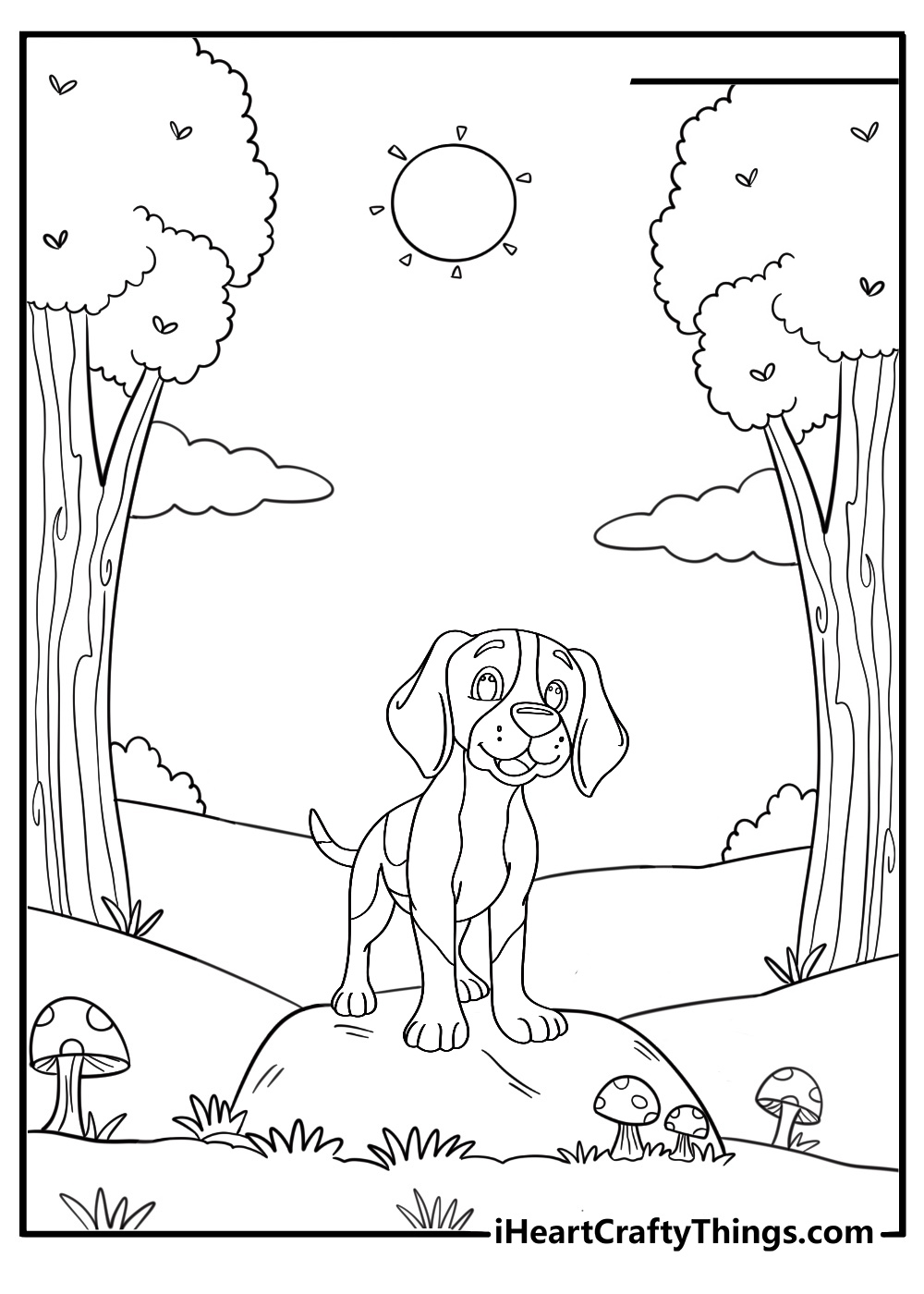 beagle exploring a forest trail detailed scene coloring page