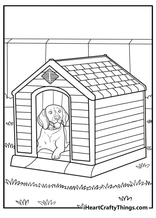 Beagle in a doghouse cozy coloring sheet