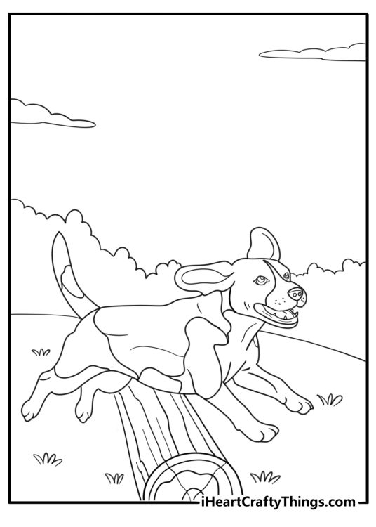 Beagle jumping over a log outdoor adventure coloring sheet
