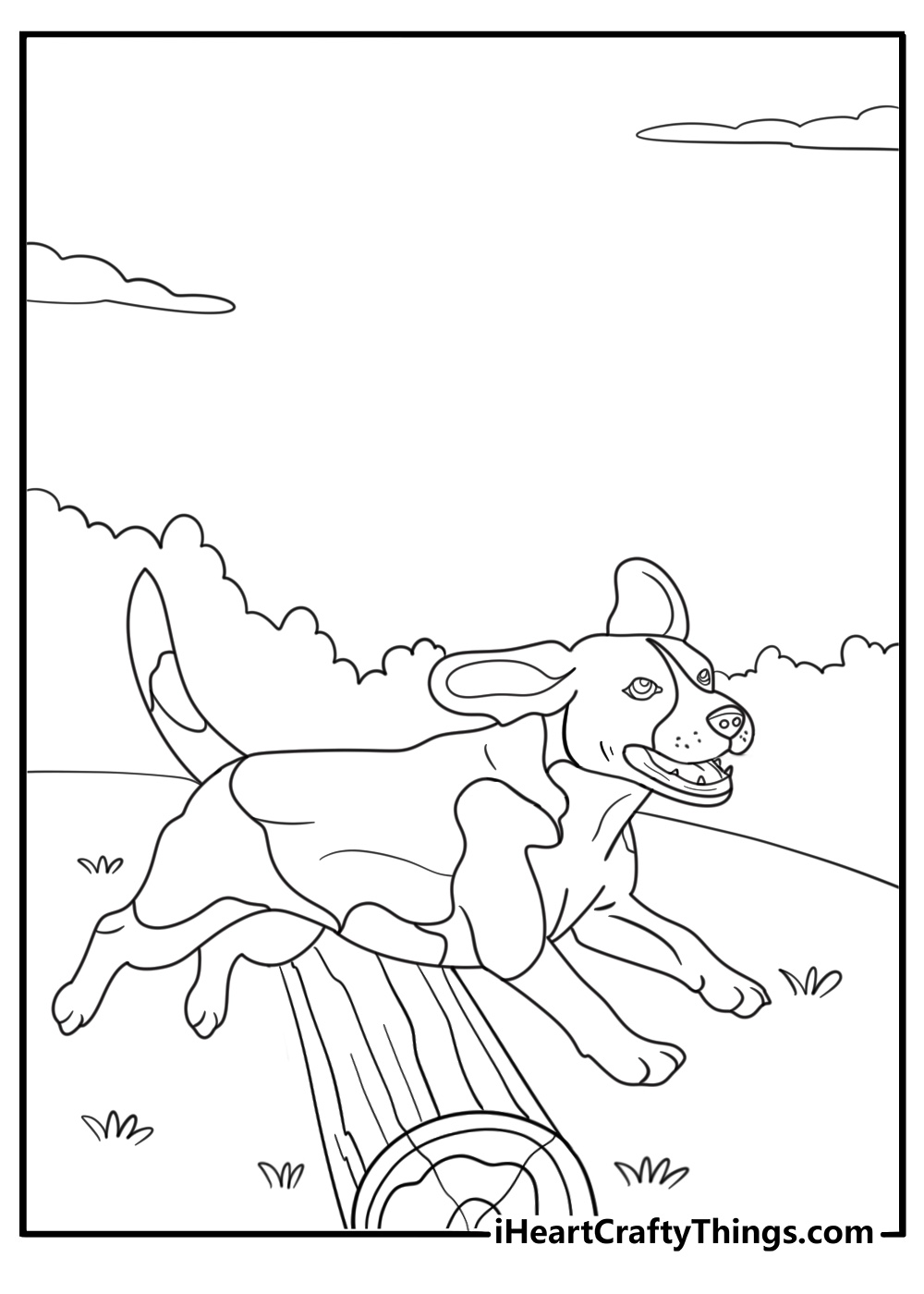 beagle jumping over a log outdoor adventure coloring sheet
