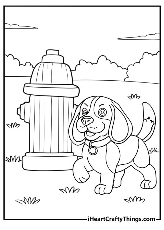 Beagle next to a fire hydrant city setting coloring sheet