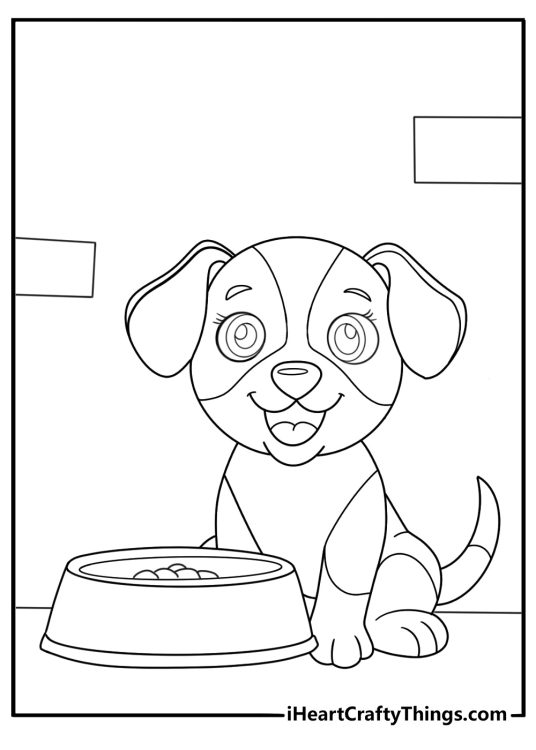Beagle next to a food bowl waiting coloring page