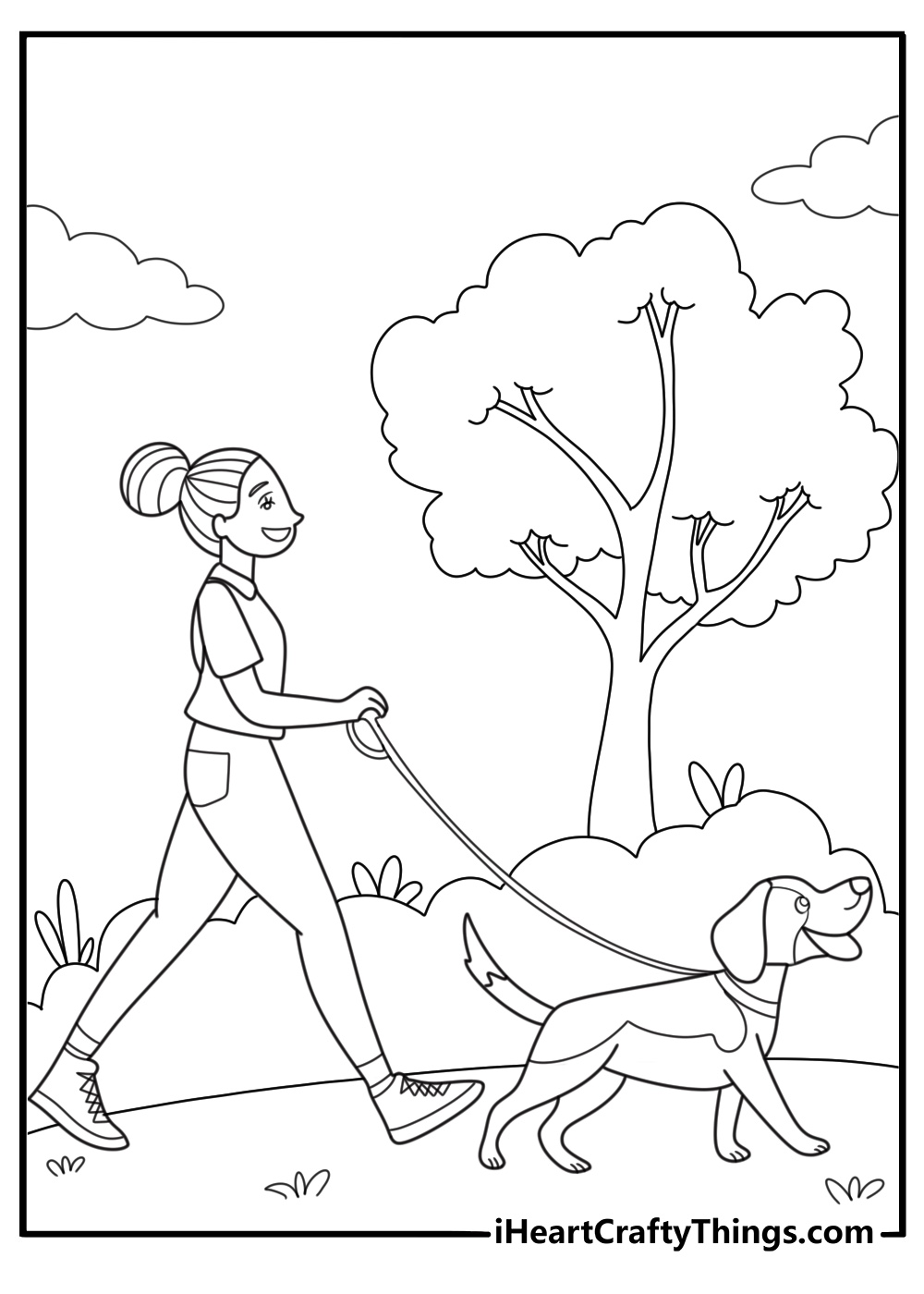 beagle on a leash walking with owner simple coloring page