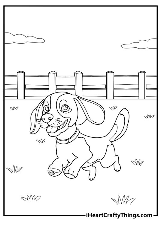Beagle running through the yard easy coloring sheet for kids