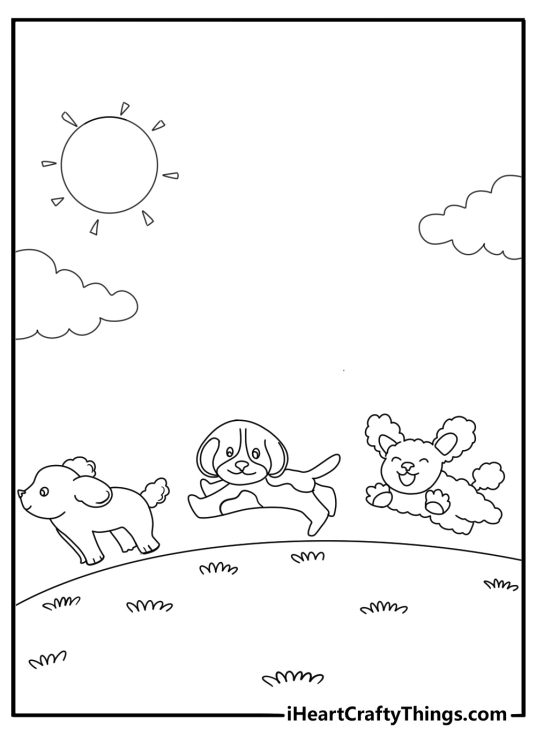 Beagle running with other dogs in a dog park cartoon coloring page