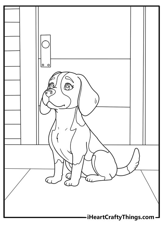 Beagle sitting on a porch relaxed coloring page