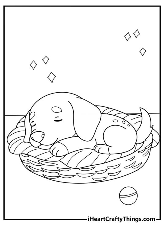 Beagle sleeping in a dog bed kawaii style coloring sheet