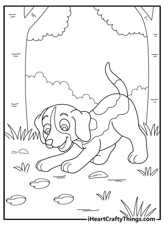 Beagle sniffing footprints on a trail detective theme coloring page