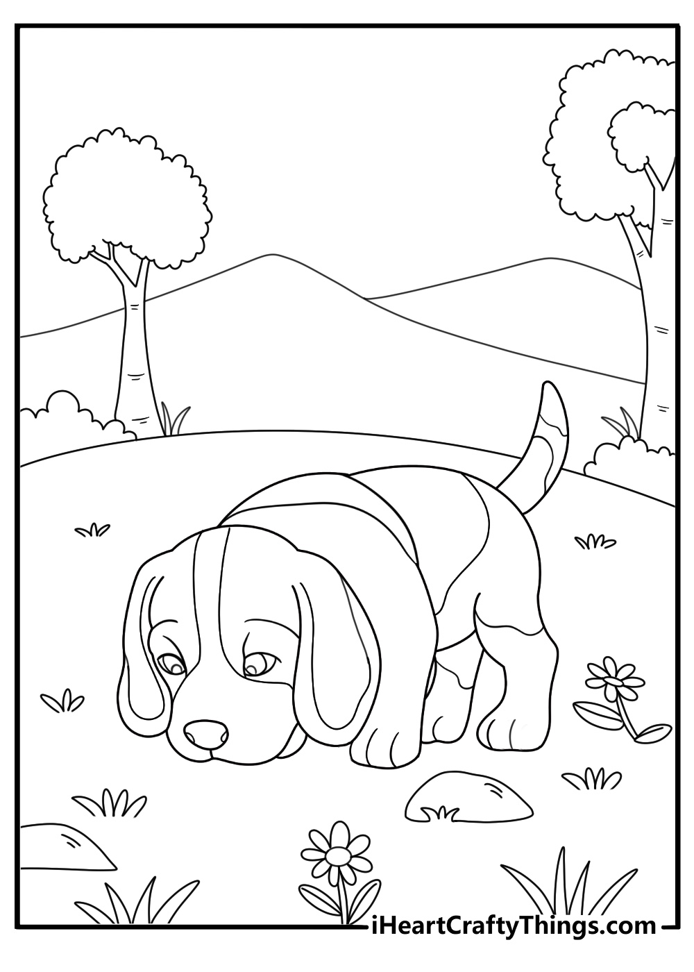 beagle sniffing the ground easy coloring page for kids