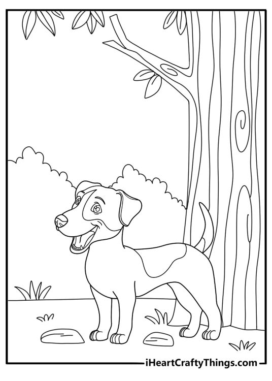 Beagle under a tree in the shade nature themed coloring page