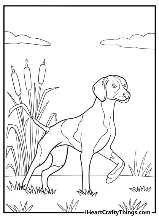 Beagle with paw raised tracking a scent hunting theme coloring page