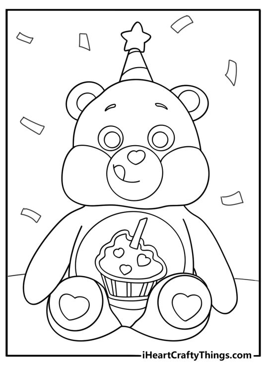 birthday bear with cupcake belly badge printable coloring page