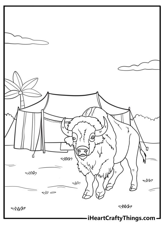Bison near a campsite wilderness scene coloring page