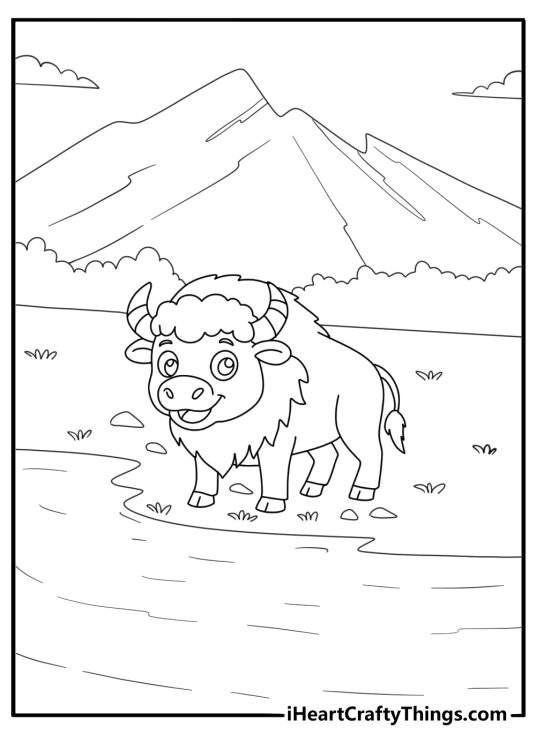Bison walking near a lake peaceful scene coloring sheet