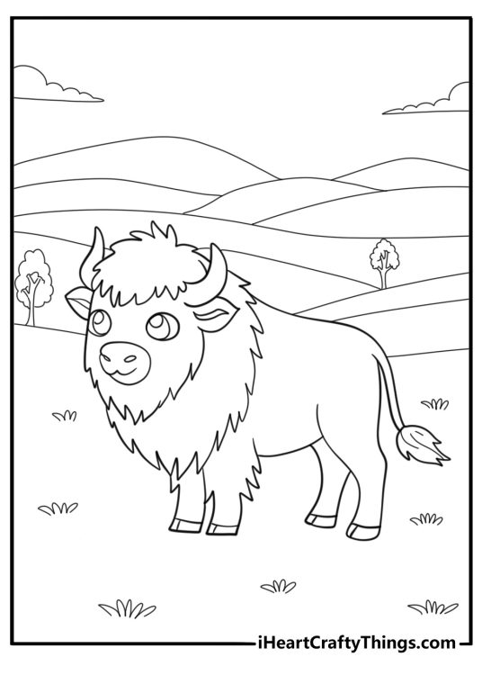 Bison walking through a valley cartoon coloring sheet for kids