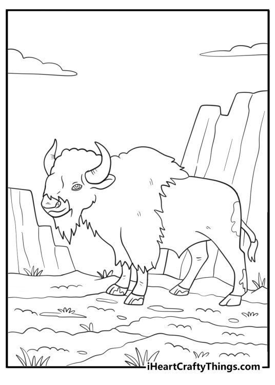 Bison walking through muddy terrain cartoon coloring sheet