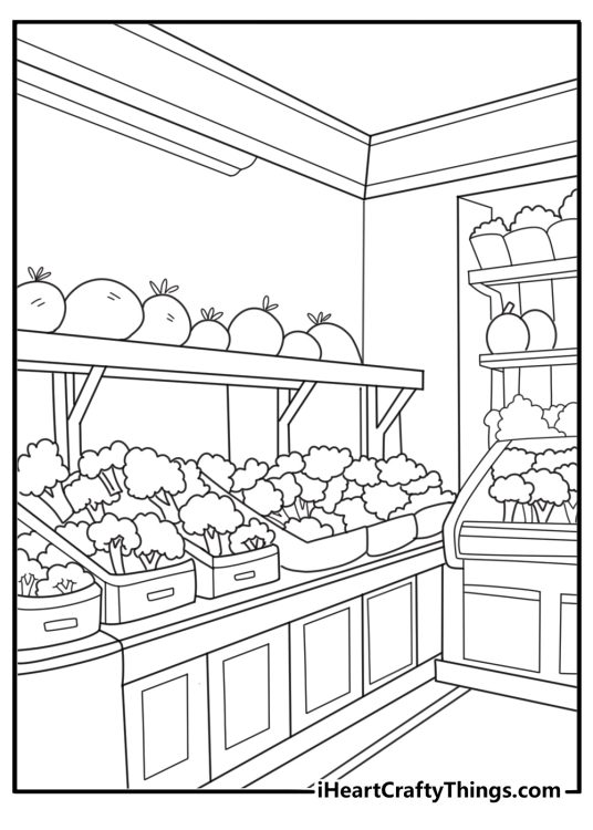 Broccoli in a grocery store display easy coloring sheet