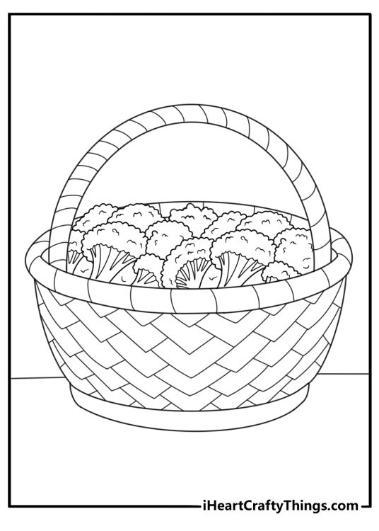Broccoli in a market basket printable coloring page for kids