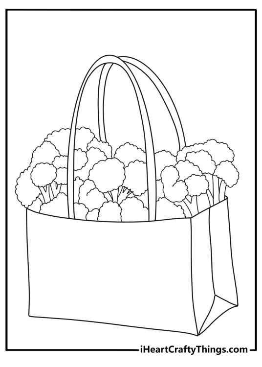Broccoli in a reusable shopping bag ecofriendly coloring page