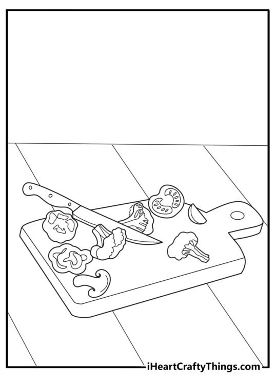Broccoli on a cutting board kitchen scene coloring sheet