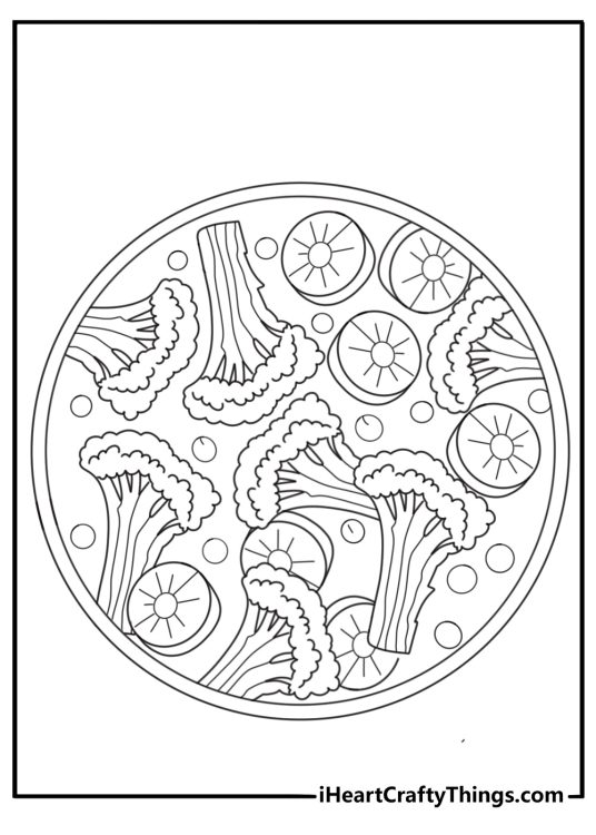 Broccoli with carrots and peas healthy food coloring page