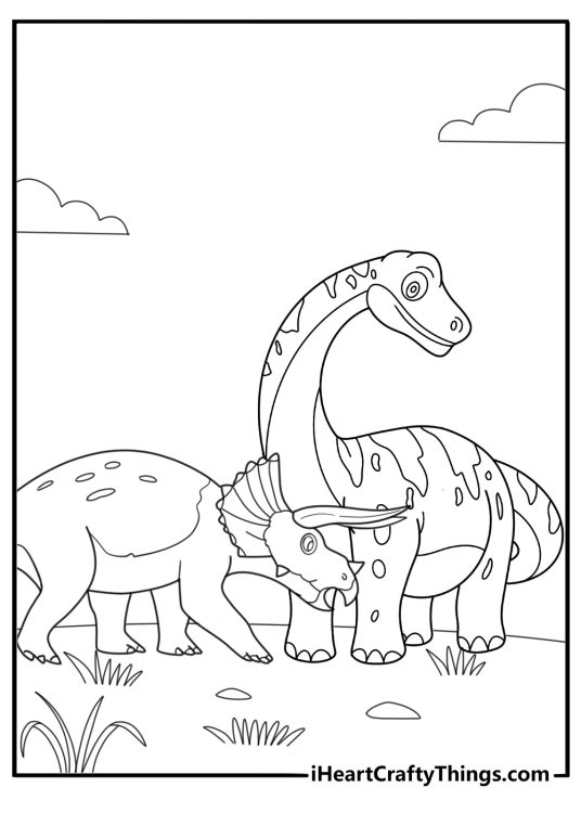 Brontosaurus and triceratops together cartoon coloring sheet