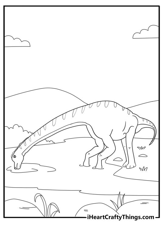 Brontosaurus drinking water from a lake peaceful coloring page