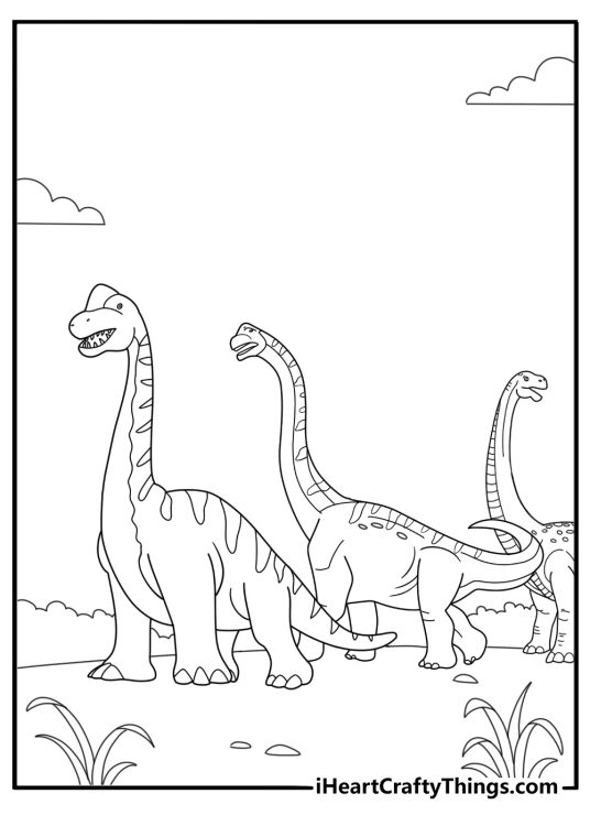Brontosaurus herd crossing a plain coloring page for kids